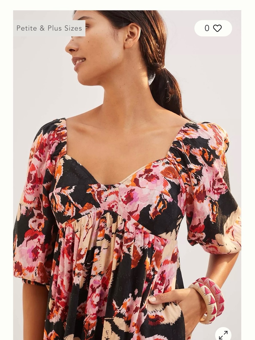 Anthropologie Floral Puff-Sleeve V-Neck Dress in Pink, Black & Orange